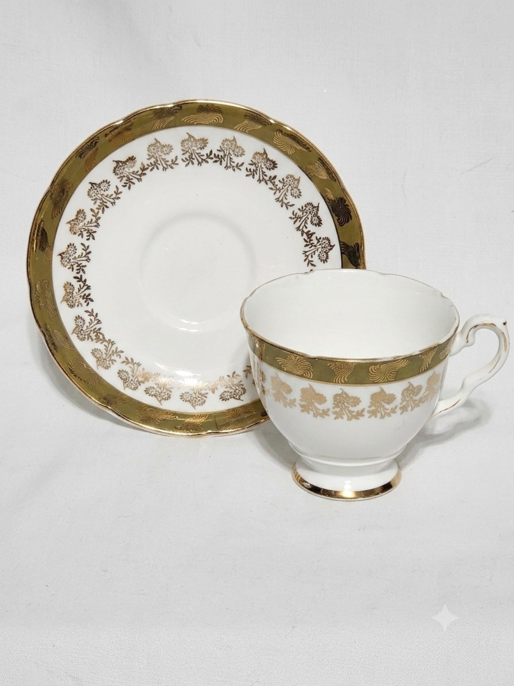 Royal Stafford Morning Glory Teacup Saucer Set Vintage Gold Bone China
